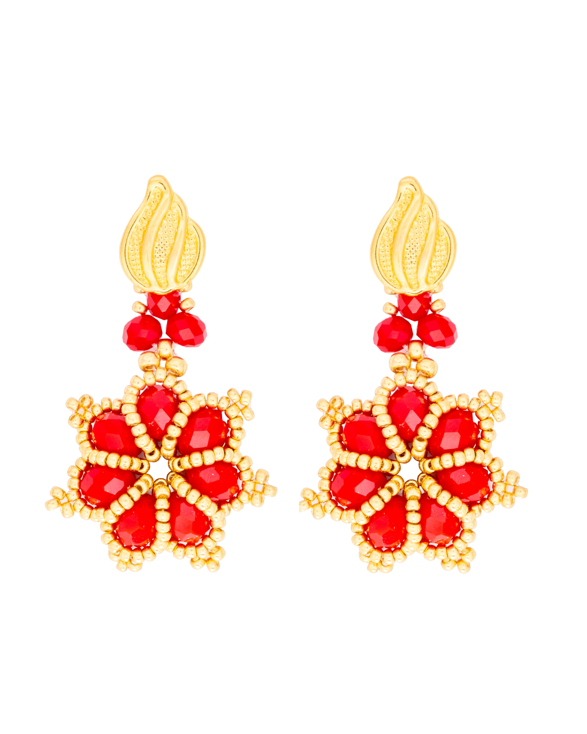 Handcrafted Red Crystal Floral Earrings with Gold Detailing