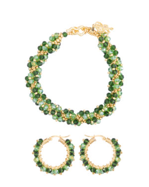 Gold Necklace and Earrings Set with Green Crystals