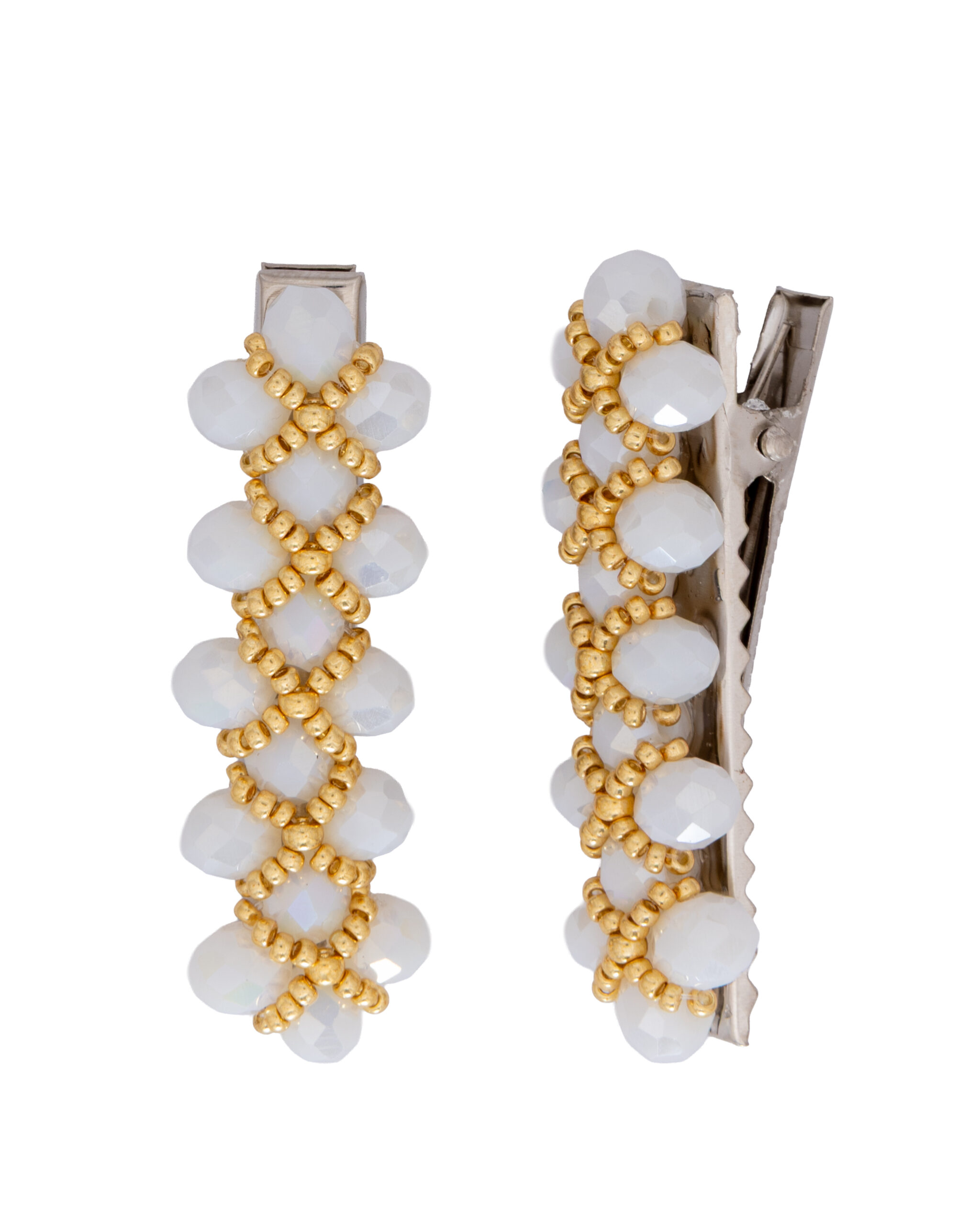 Handcrafted White Opalescent Beaded Hair Clip with Gold Detailing - Image 2