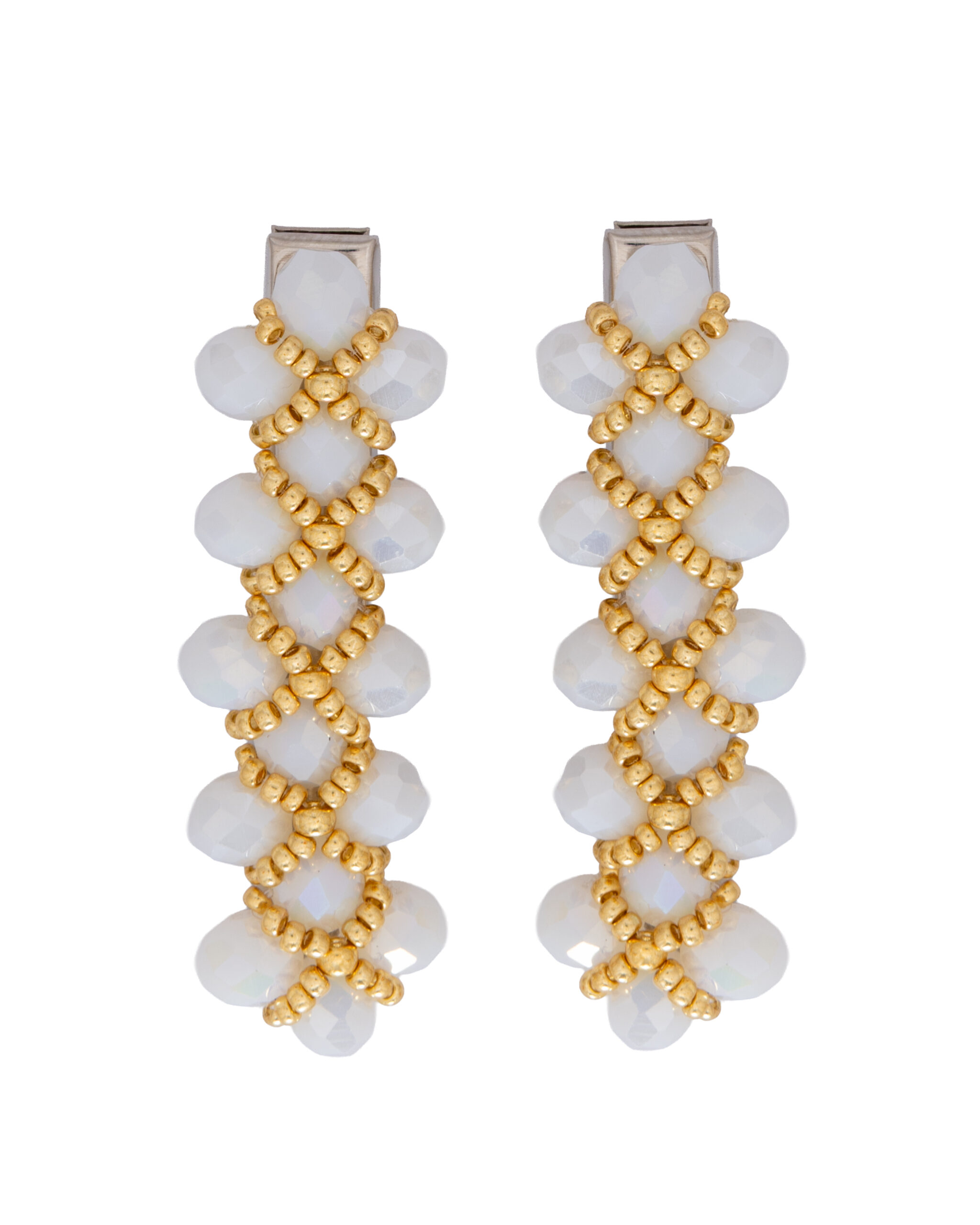 Handcrafted White Opalescent Beaded Hair Clip with Gold Detailing