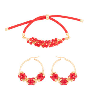 Gold Bracelet and Earrings Set with Red Crystals