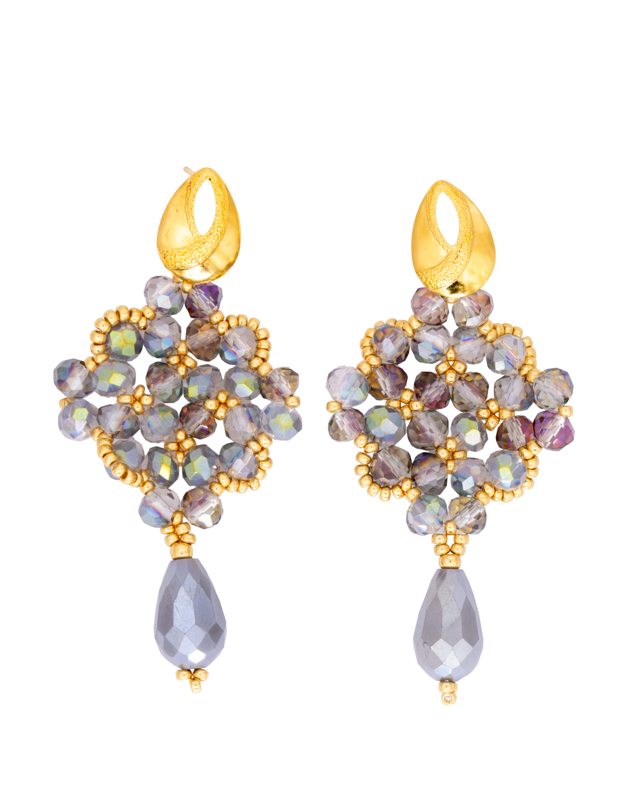 Handcrafted Grey Crystal Statement Earrings with Gold Accents