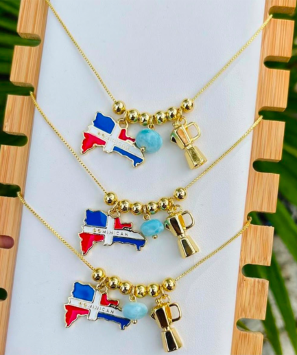 Collar mapa de República Dominicana con larimar y cafetera