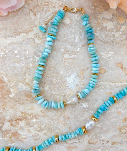 Collar completo de larimar con perla barroca central