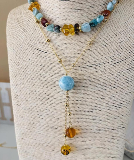Choker y collar largo en larimar y ámbar dominicano