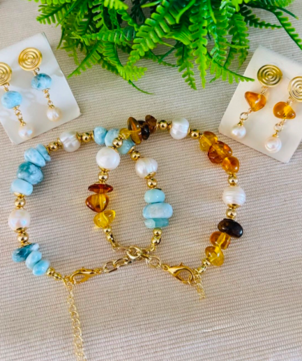 Pulsera y aretes espiral en larimar o ámbar dominicano con perla