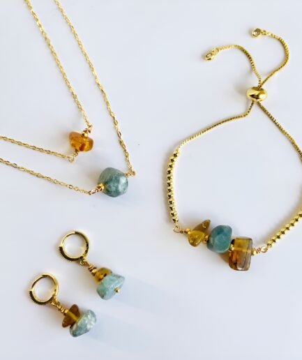 Set de collar doble, pulsera y aretes en larimar y ámbar