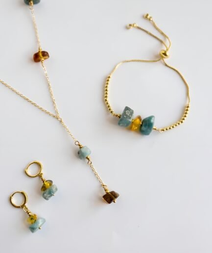 Set de collar en Y, pulsera y aretes en larimar y ámbar